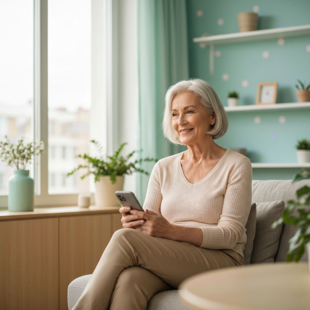 Eine ältere Frau sitzt entspannt in ihrem Wohnzimmer und schaut auf ihr Smartphone.
