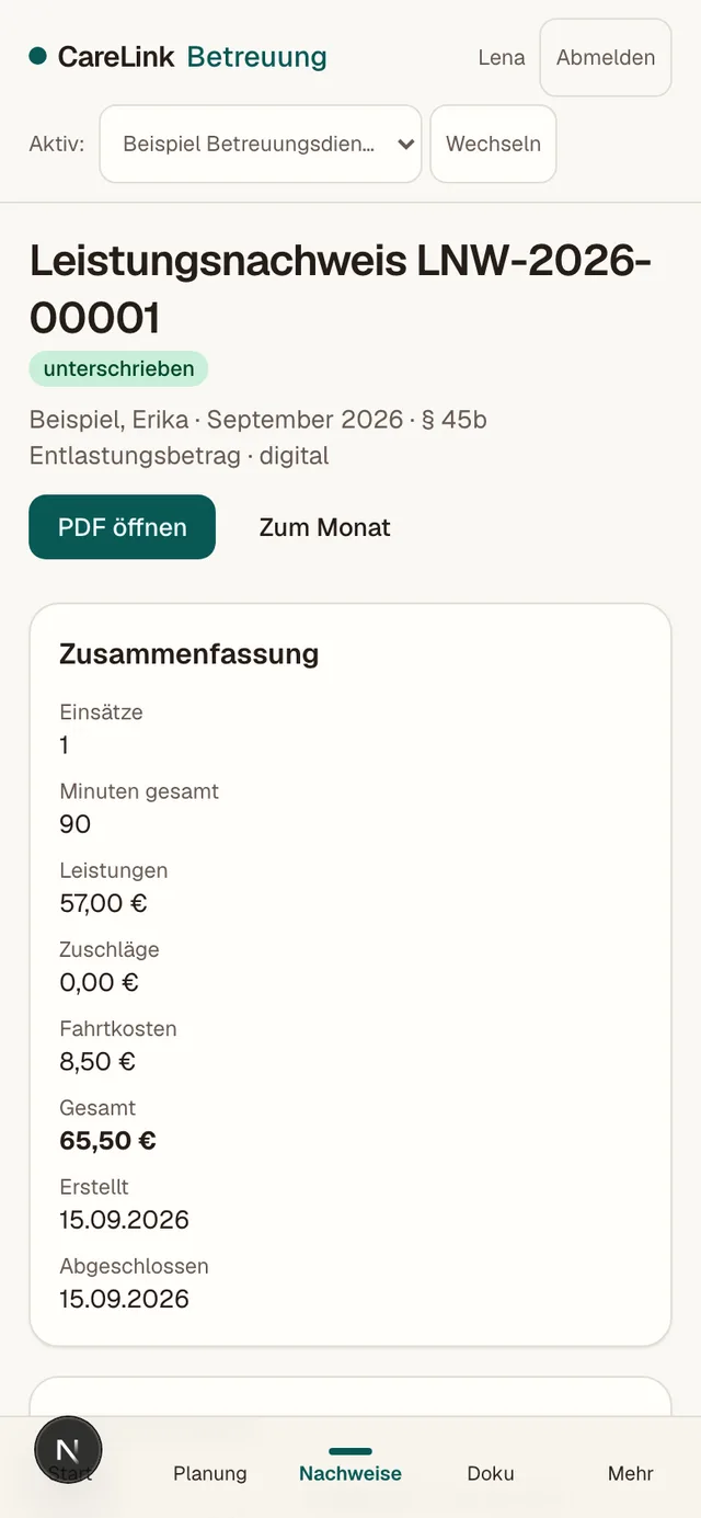Mobile Ansicht eines Leistungsnachweises in CareLink Betreuung mit Zusammenfassung der Einsätze, Beträgen und den Feldern für die Unterschriften. Alle gezeigten Namen und Daten sind frei erfunden.
