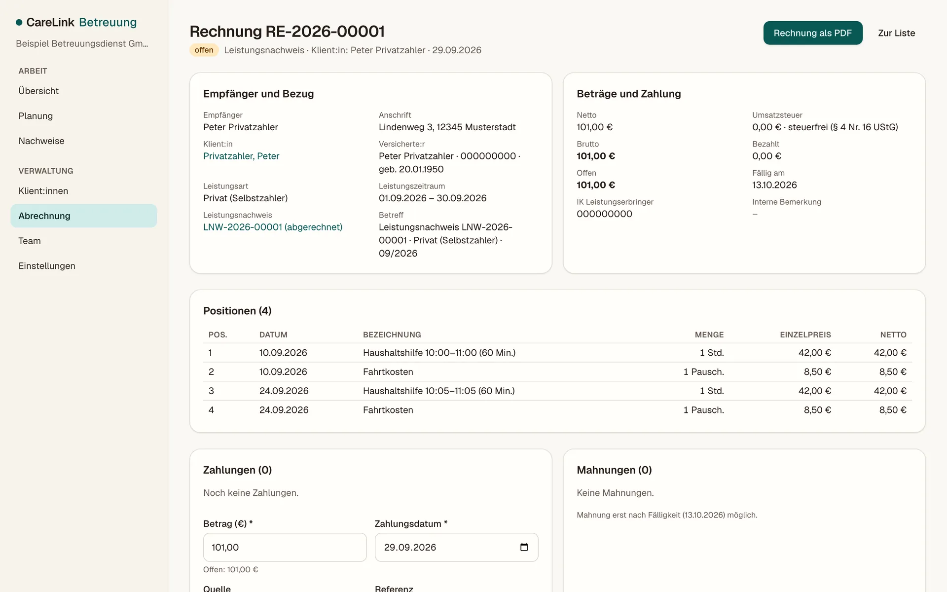 Rechnung RE-2026-00001 an einen Selbstzahler: Empfänger und Leistungszeitraum, vier Positionen aus dem Leistungsnachweis, Betrag 101,00 Euro sowie die Bereiche „Zahlungen“ und „Mahnungen“. Erfundene Demodaten.