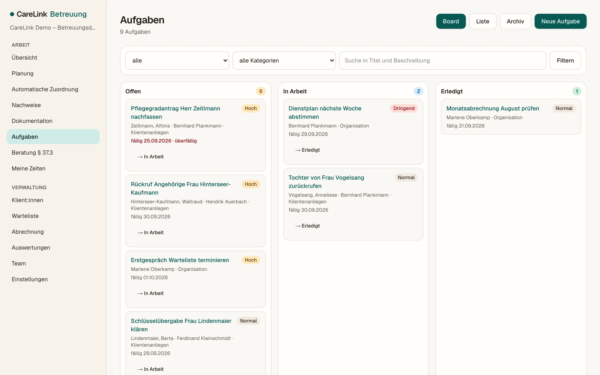 Aufgaben als Board mit den Spalten Offen, In Arbeit und Erledigt; Karten wie „Pflegegradantrag nachfassen“ und „Rückruf Angehörige“ mit Priorität, zuständiger Person, Klient:in und Fälligkeit. Erfundene Demodaten.