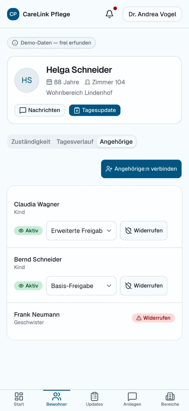 Ansicht „Angehörige“ einer Bewohner:in in CareLink Pflege: zwei aktive Verbindungen mit den Freigabestufen „Erweiterte Freigabe“ und „Basis-Freigabe“ samt Schaltfläche zum Widerrufen sowie eine bereits widerrufene Verbindung. Alle gezeigten Namen und Daten sind frei erfunden.