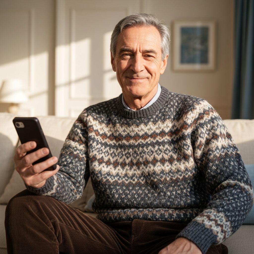 Ein älterer Mann bedient entspannt die CareLink App auf seinem Smartphone